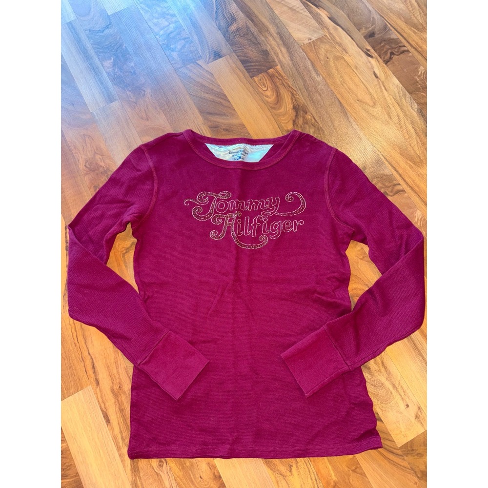 Tommy‎ Hilfiger Thermal Top Womens Medium Burgundy Excellent Rhinestone Logo Y2K